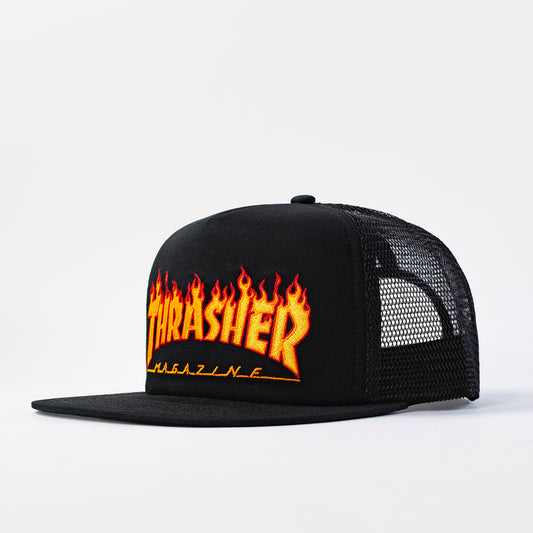 Thrasher Mesh Cap Flame Embroidered Logo - Black, available at Prime Delux Store, Plymouth, Devon, UK.