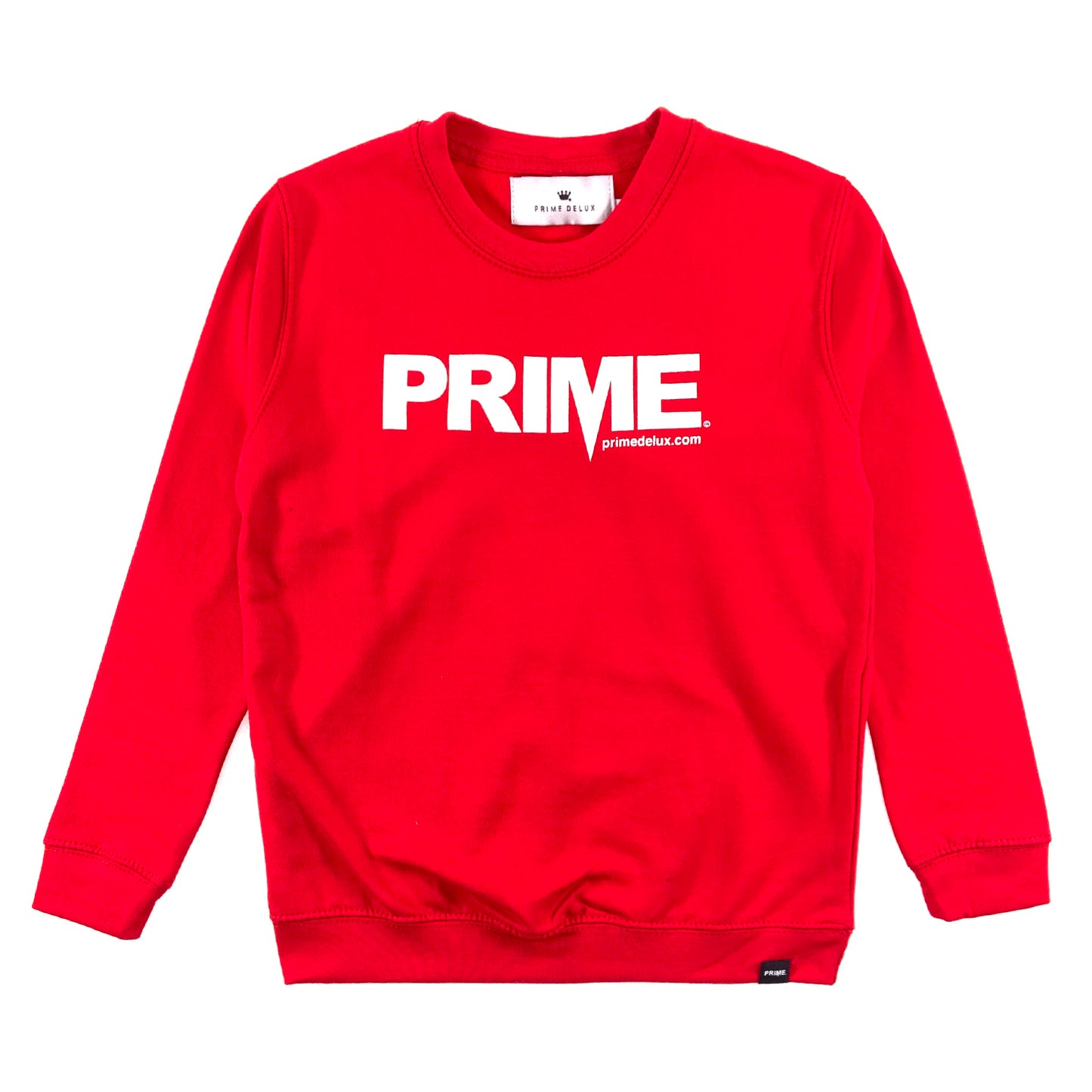 PRIME DELUX YOUTHS OG PREMIUM CREW SWEAT - FIRE RED / WHITE - Prime Delux Store
